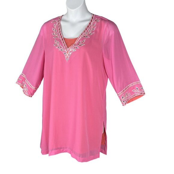 Bob Mackie NWT L Pink Embroidered Chiffon Tunic Embellished Top 3/4 Sleeve Artsy - Picture 9 of 16